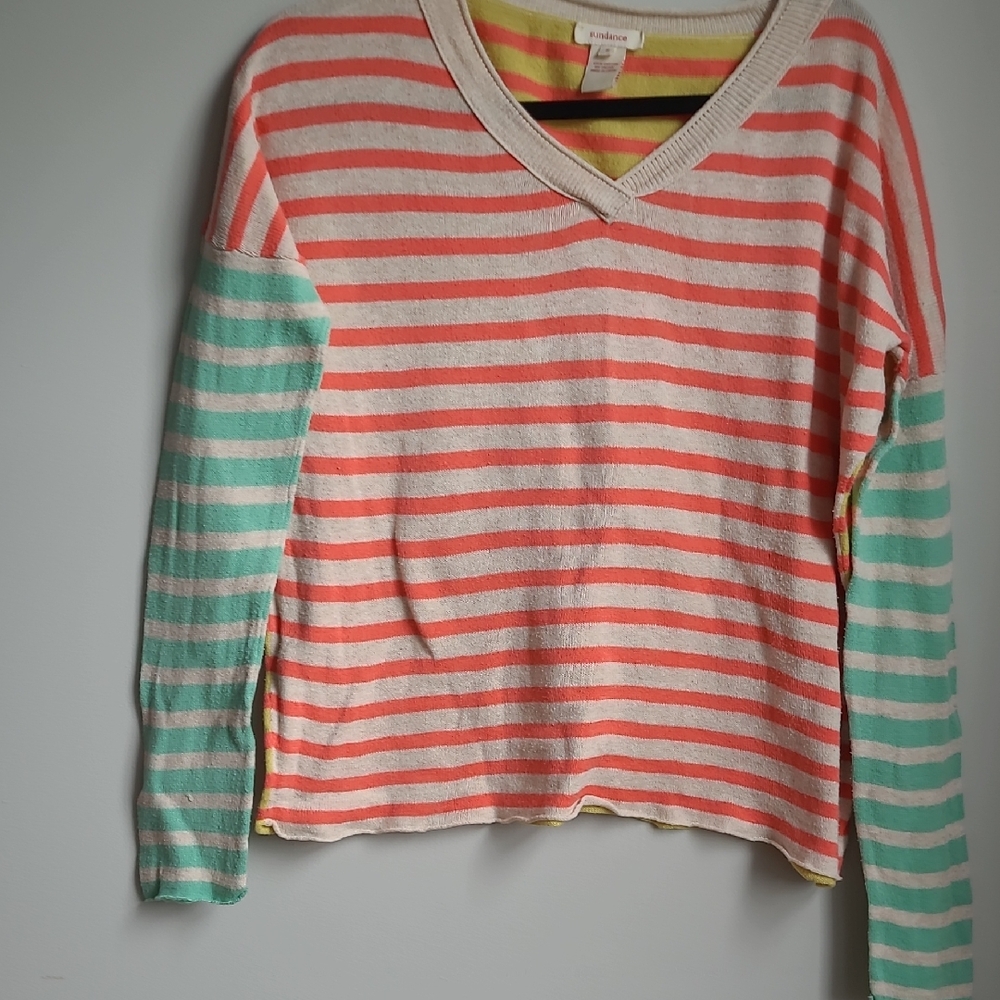 Sundance Coral and Mint Striped V-Neck Sweater